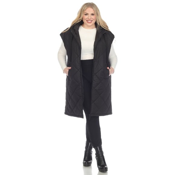 Plus Size Diamond Quilted Hooded Puffer Vest - Picture 1 of 5